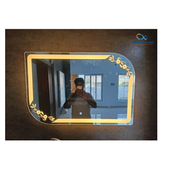 Rectangular Shaped Corner Flower Designed Bathroom Led Mirror  BM - 1