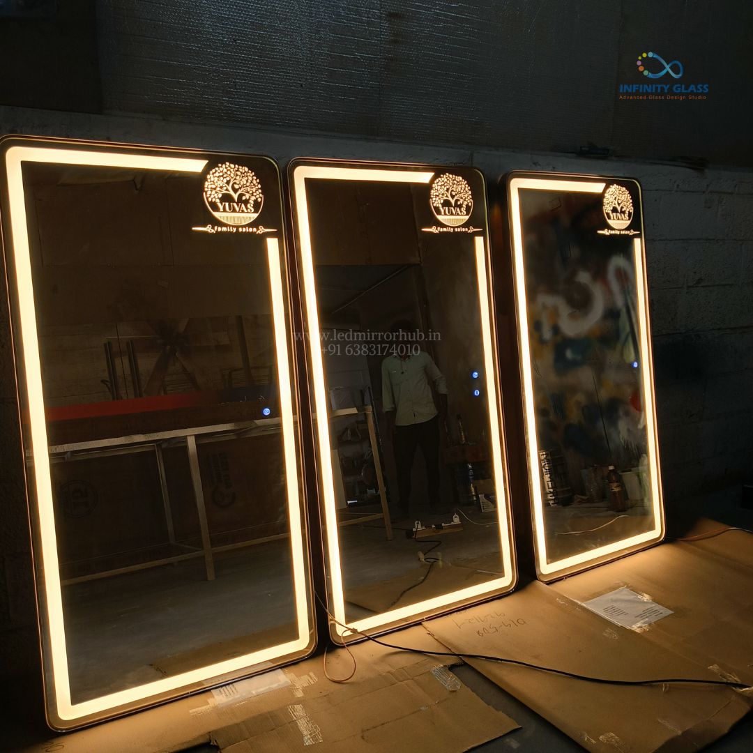 2024 Framed hot selling barber shop mirror with bluetooth speaker and backlit smart light mirrors with logo LH118