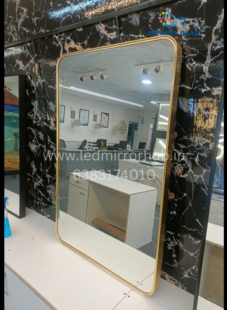Corner Curved Square Shaped Golden Frame Led Mirror BM - 18